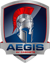 Aegis AV Cabinets logo featuring a Spartan helmet and shield.